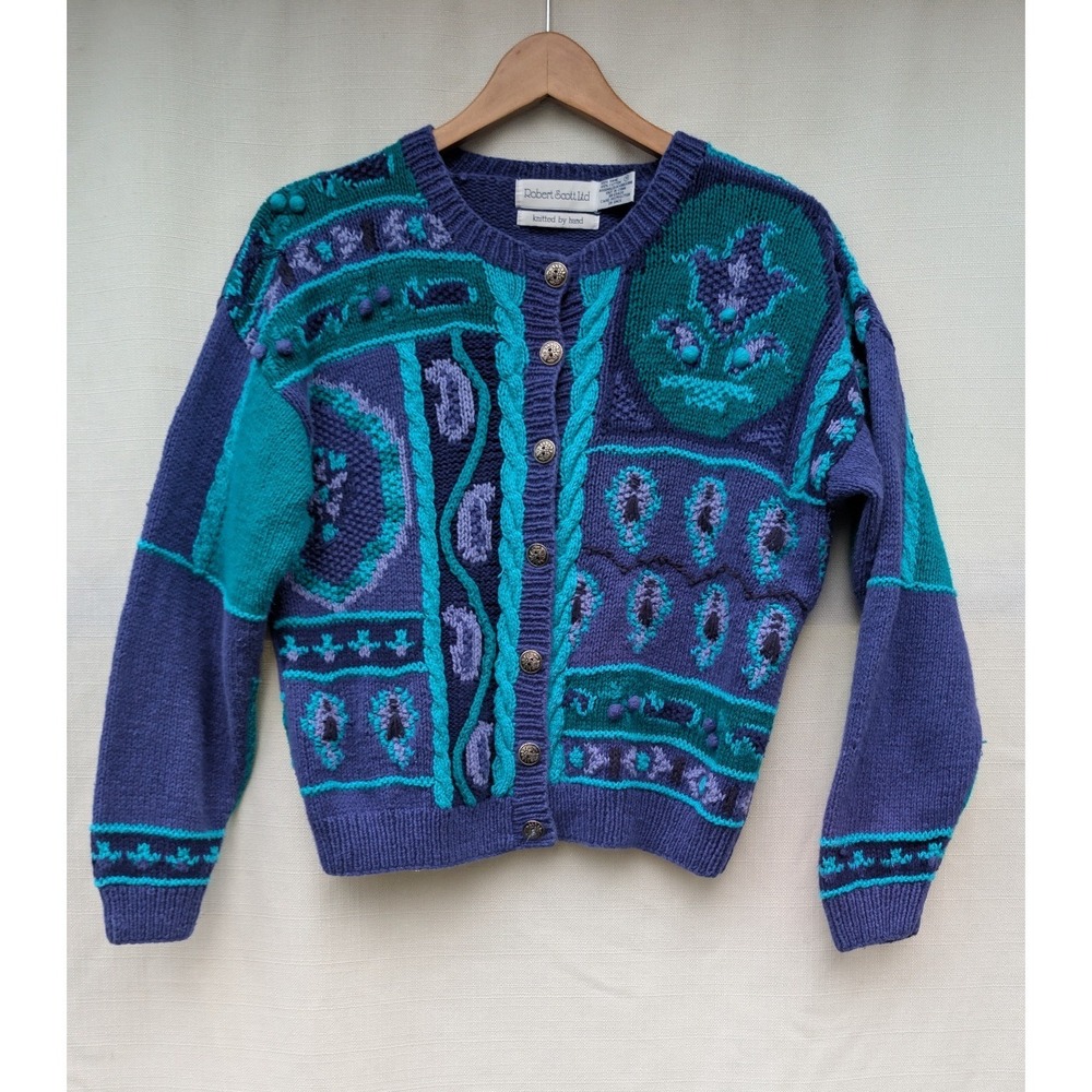 Robert Scott Hand Knit Cardigan Womens M Purple Teal Cable Bobble Metal Button
